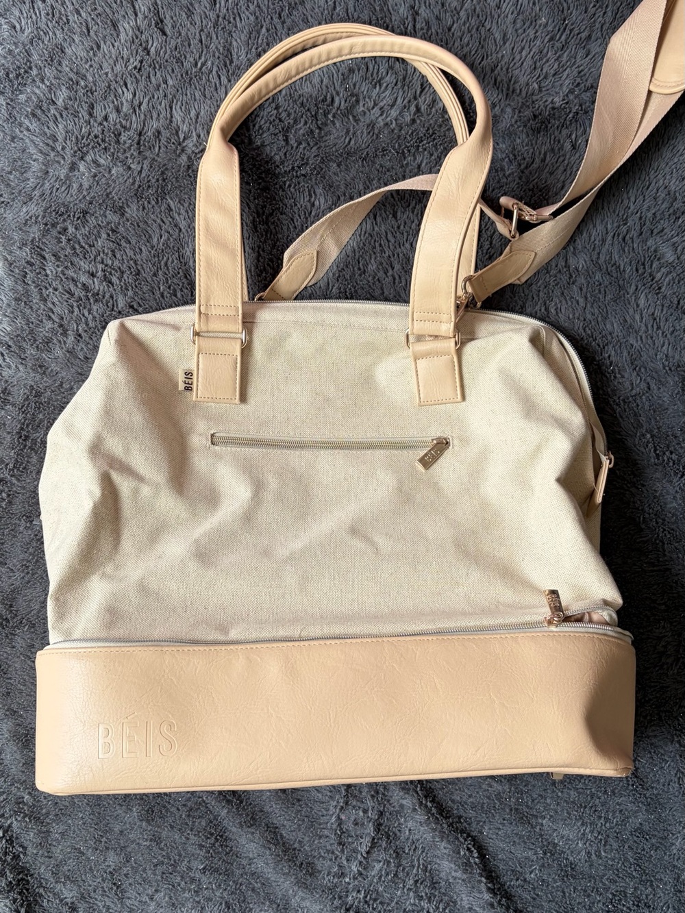 BEIS Sand & Nude Canvas Travel Tote with Faux Leather Trim